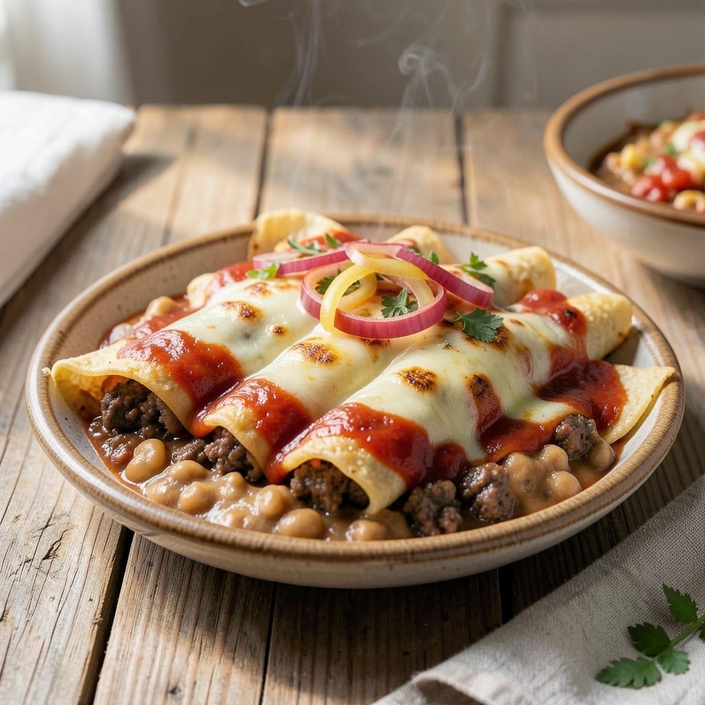 Beef Bean and Cheese Enchiladas Recipe: Crispy Tortillas Hugging Melty Cheese Layers