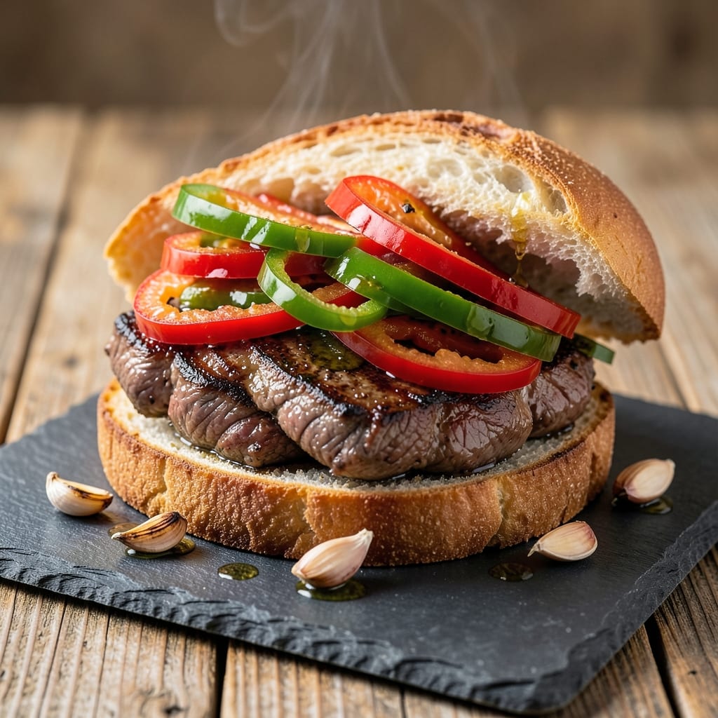 Beef and Pepper Sandwich Recipe: Charred Steak and Caramelized Bell Peppers in Ciabatta