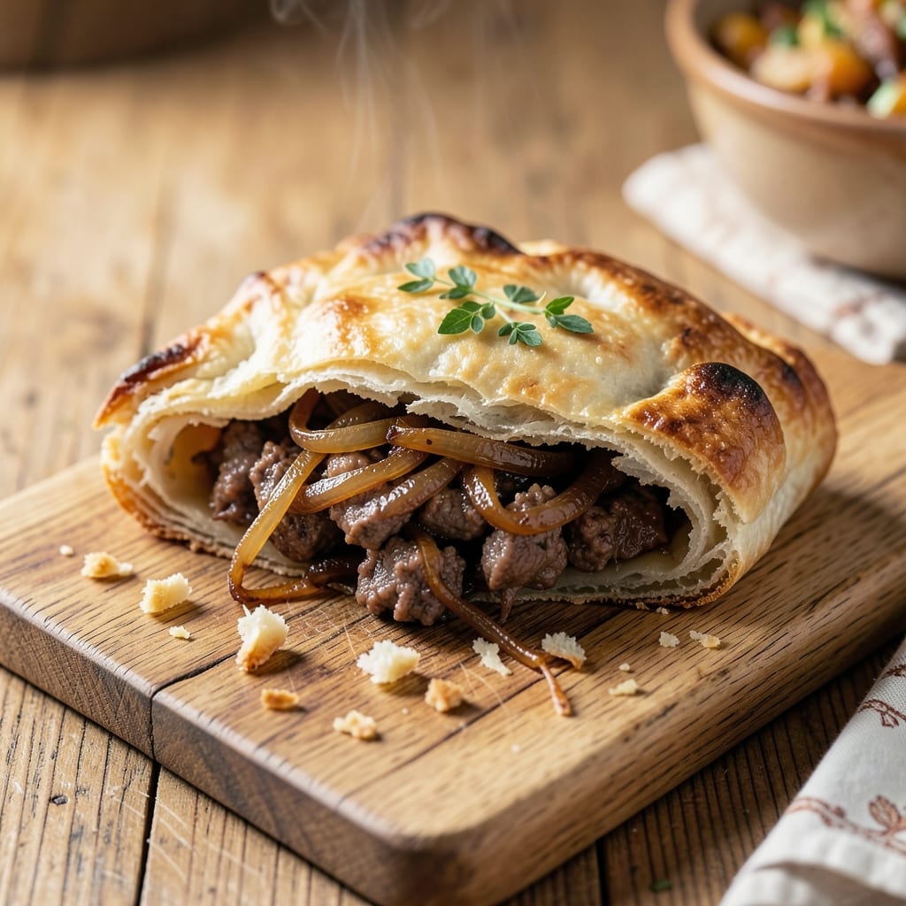 Beef and Onion Pasty Recipe: Flaky Crust Encloses Savory Filling