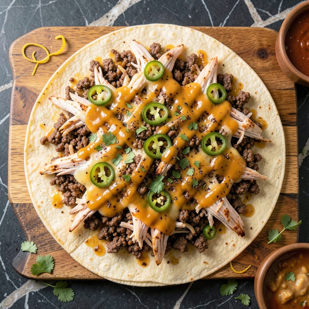 Beef and Chicken Nachos Recipe: Crispy Tortilla Stacks With Melty Cheese Rivers