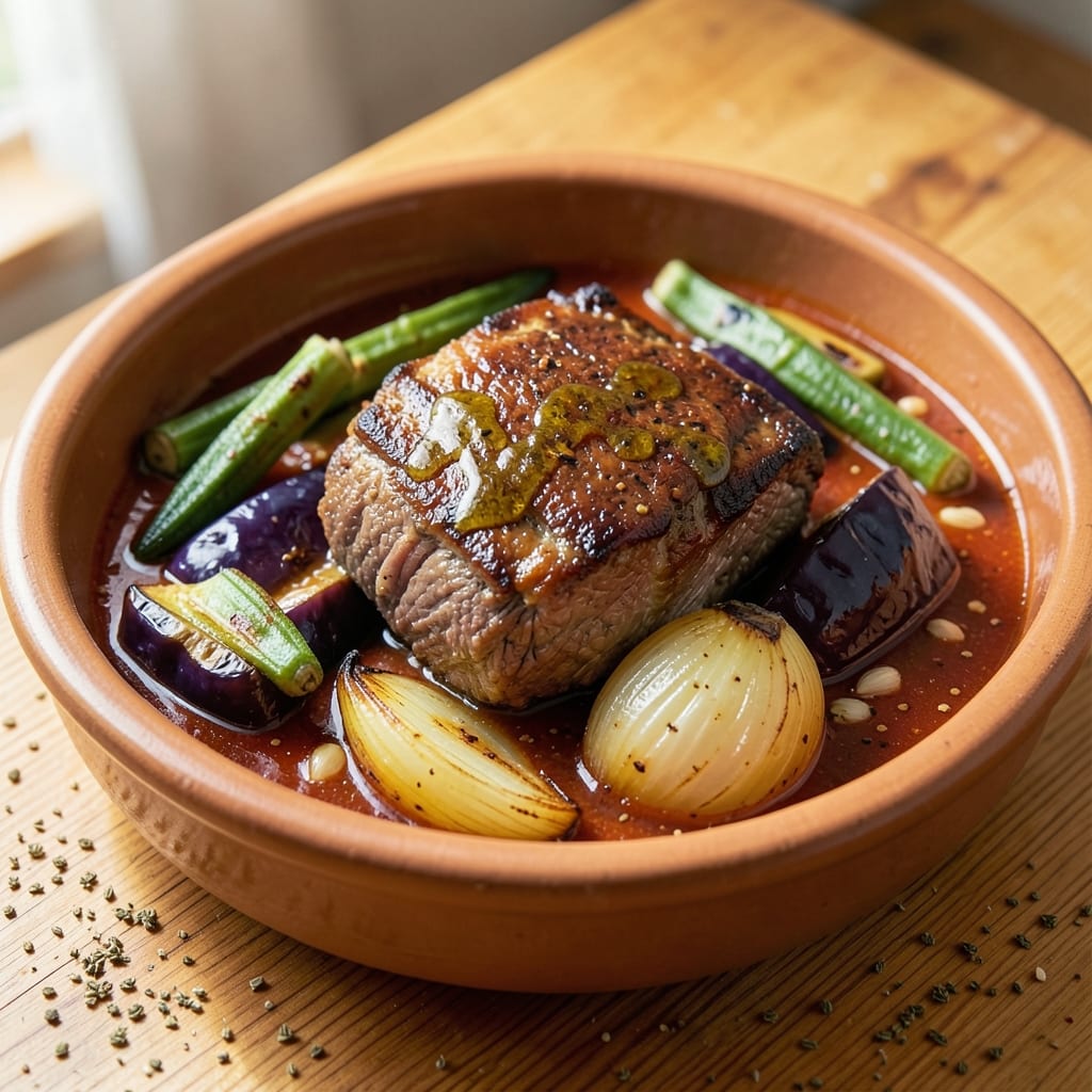 Beef Bamia Recipe: Cypriot-Style Eggplant and Beef Stew Simmered Slow
