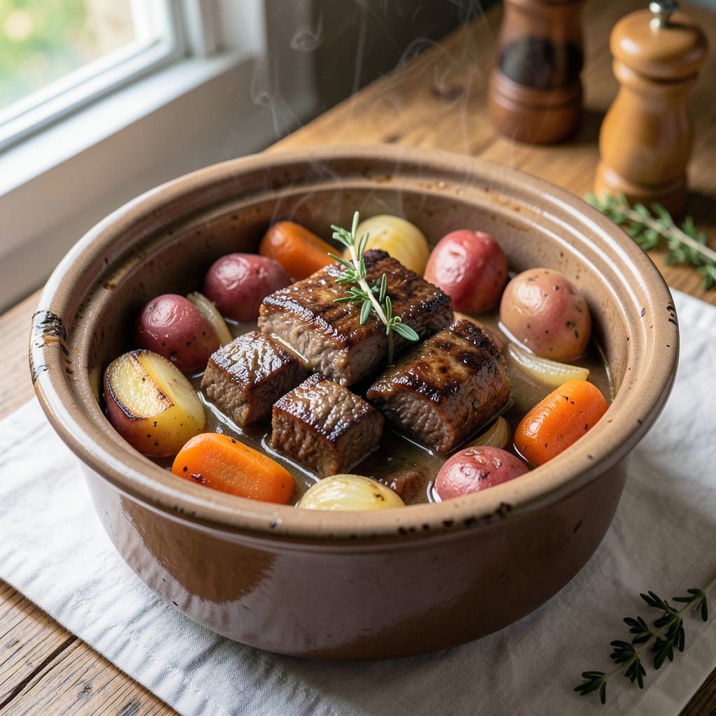 Beef and Vegetable Slow Cooker Recipe: One-Pot Meal With Caramelized Onions and Herbed Gravy