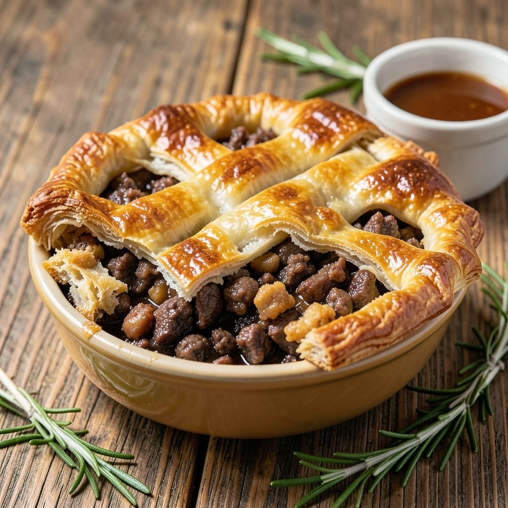 Beef and Pork Meat Pie Recipe: Flaky Pastry Crust With Hearty Gravy-Dipped Bites