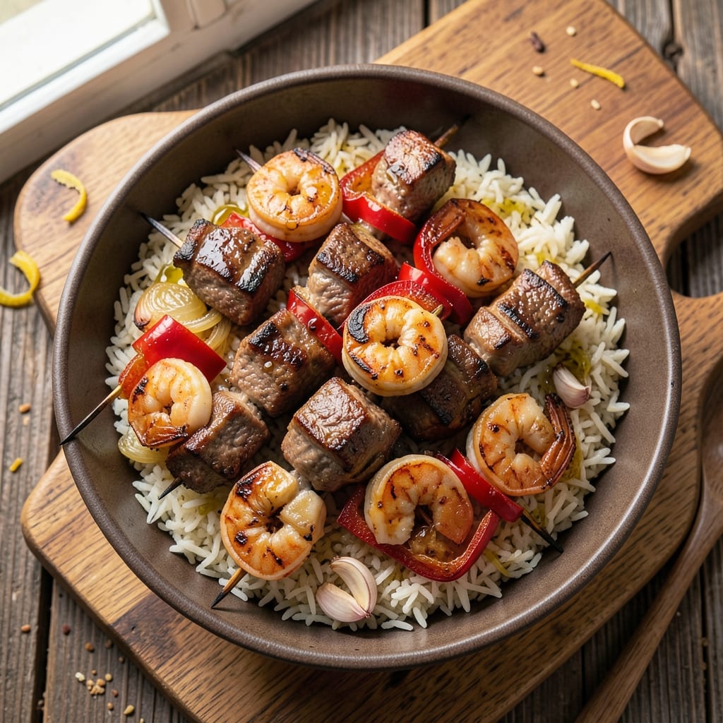 Beef and Shrimp Kabobs Recipe: Skewered Gourmet Bites with Char-Grilled Flavor