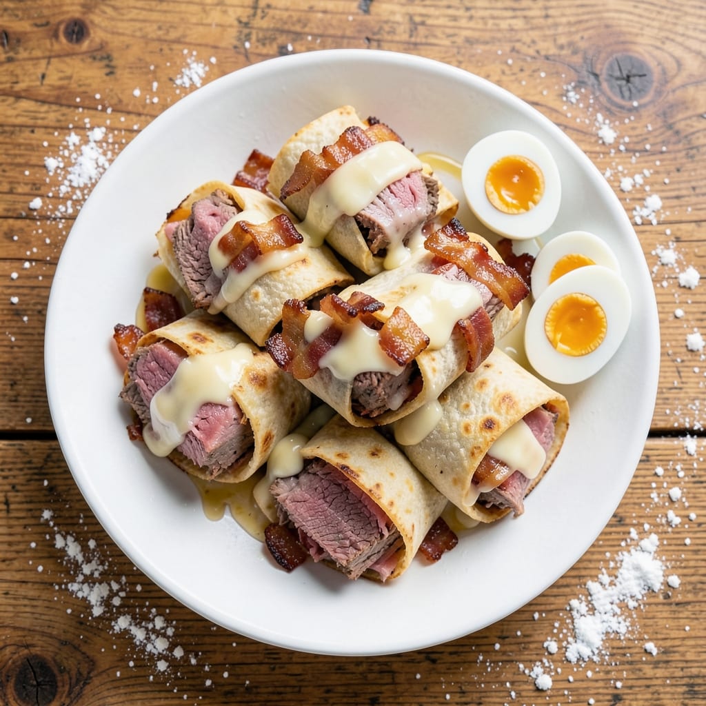 Beef and Bacon Roll-Ups Recipe: Crispy Tortilla Wraps With Melty Cheese Layers