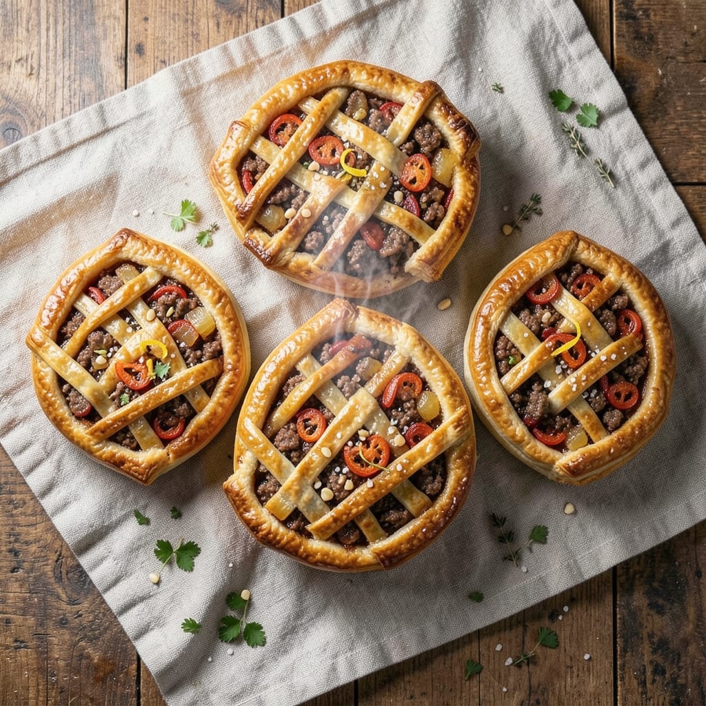Baked Beef Pies Recipe: Flaky Pastry Crusts Hide Juicy Beef Filling