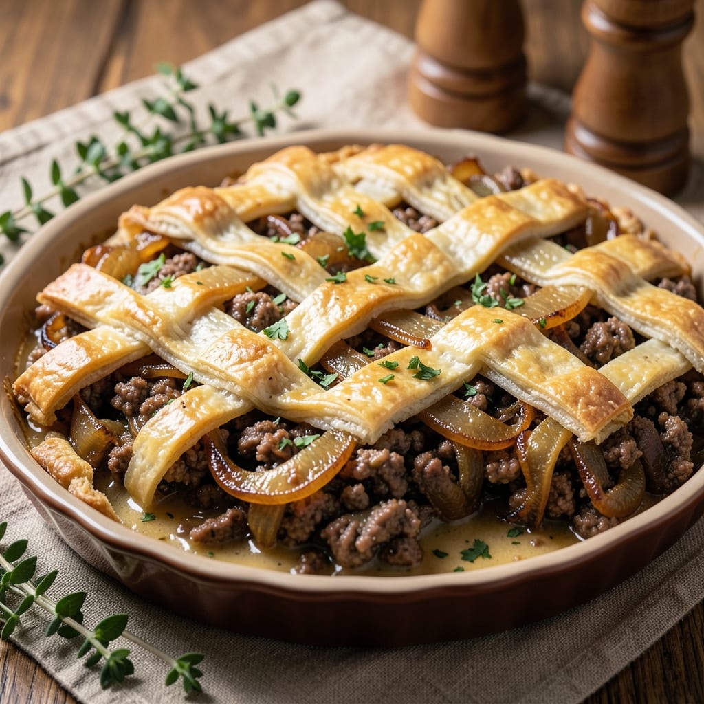 Beef and Onion Pie Recipe: Flaky Crust Envelops Savory Meat and Caramelized Onions