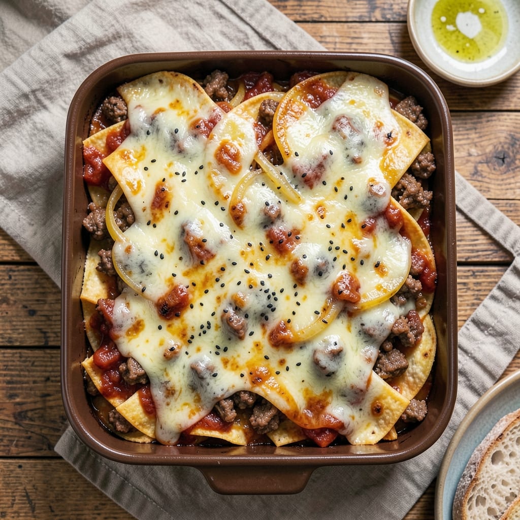 Beef and Cheese Enchilada Casserole Recipe: Crispy Tortilla Top, Melty Cheese Rivers