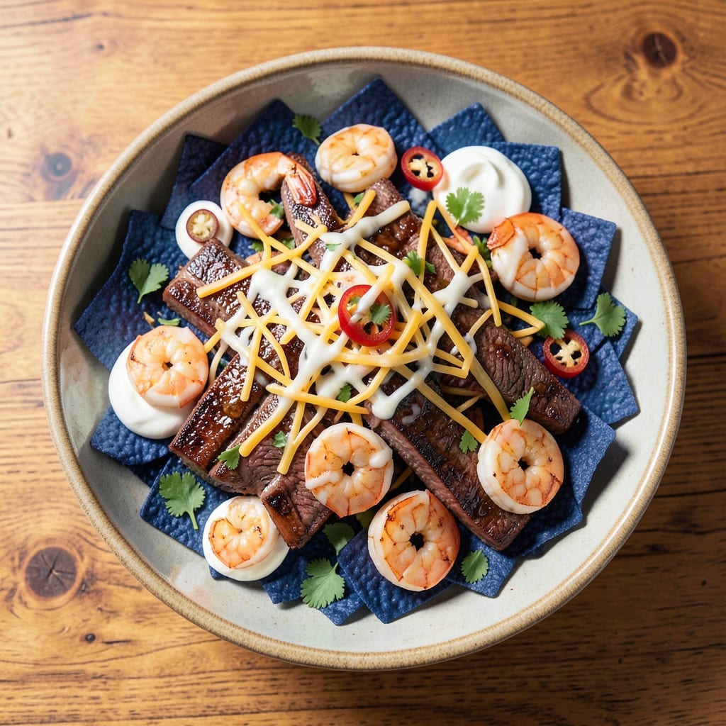 Beef and Shrimp Nachos Recipe: Crispy Tortillas Loaded With Melty Cheese Layers
