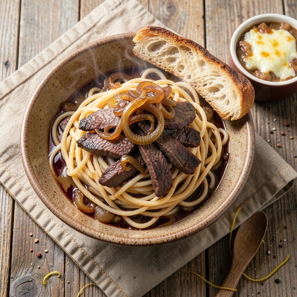 Beef and French Onion Noodle Soup Recipe: Deep-Caramelized Onions Meet Hearty Beef Bites