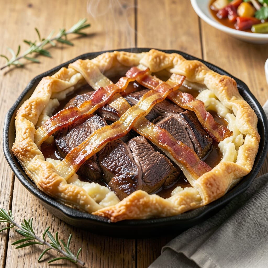Beef and Bacon Pie Recipe: Flaky Crust Envelops Savory Meat and Gravy