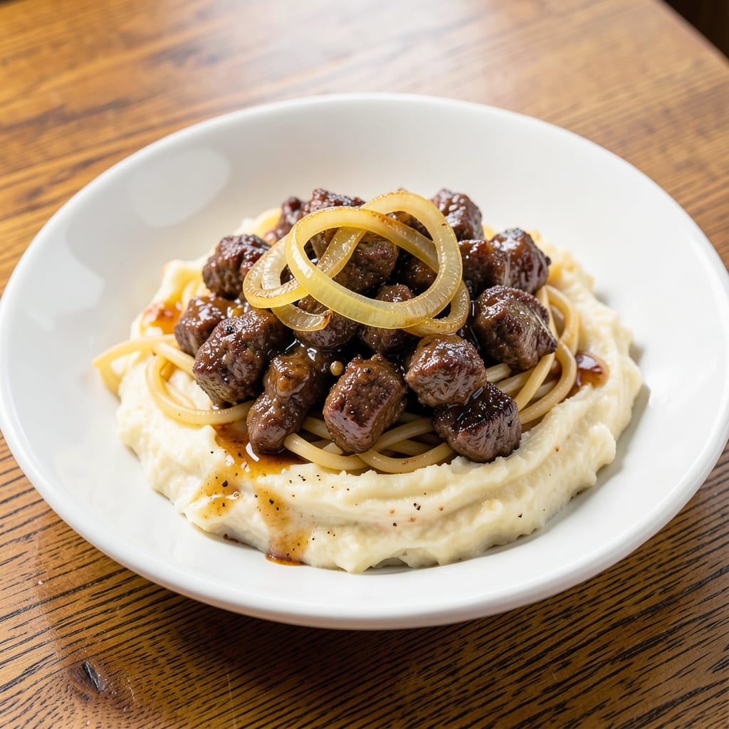 Beef and Noodles Over Mashed Potatoes Recipe: Crispy-Topped Comfort Bowl